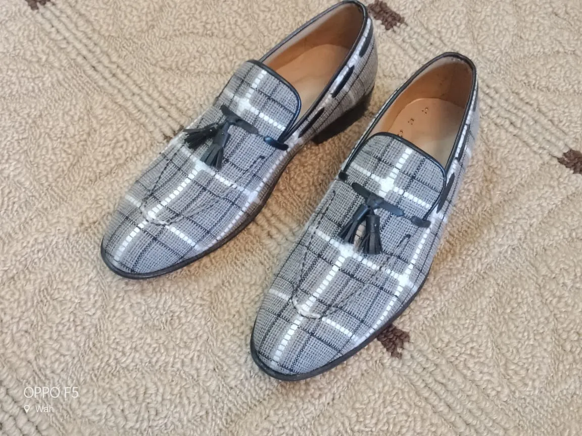 Handmade Gray Tweed Leather Loafer Moccasins for Men