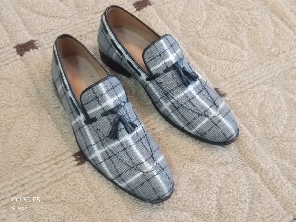 Handmade Gray Tweed Leather Loafer Moccasins for Men