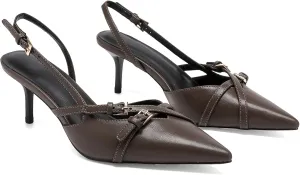 Heeled Slingback Kitten Heels for Women Closed Pointed Toe Pumps with Buckles