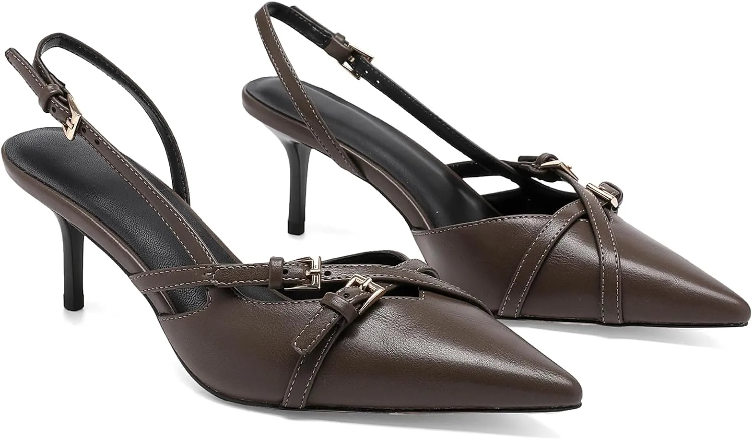 Heeled Slingback Kitten Heels for Women Closed Pointed Toe Pumps with Buckles