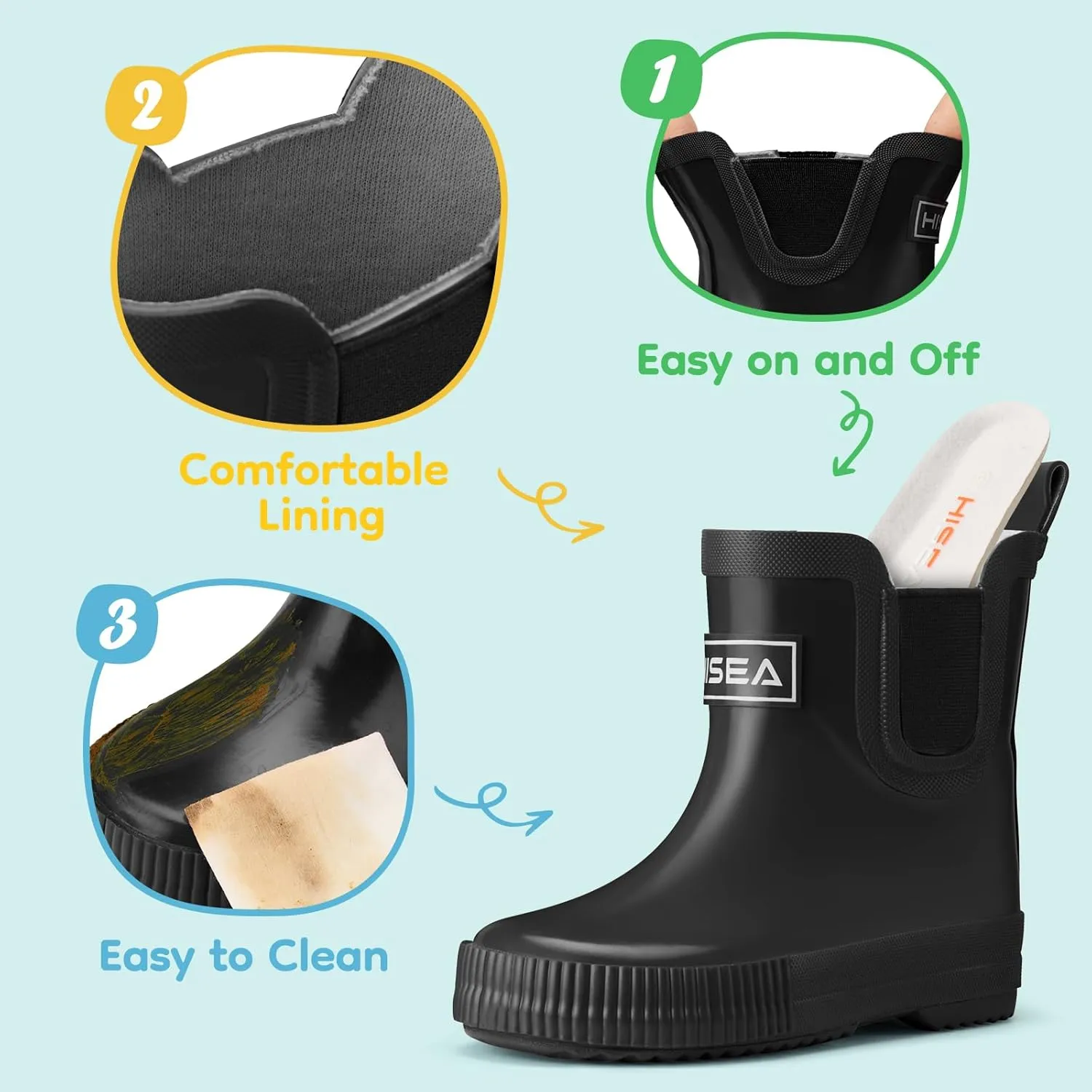 HISEA 100% Natural Rubber Boots for Kids Toddlers Ankle Rain Boots Waterproof Deck Shoes Boys Girls
