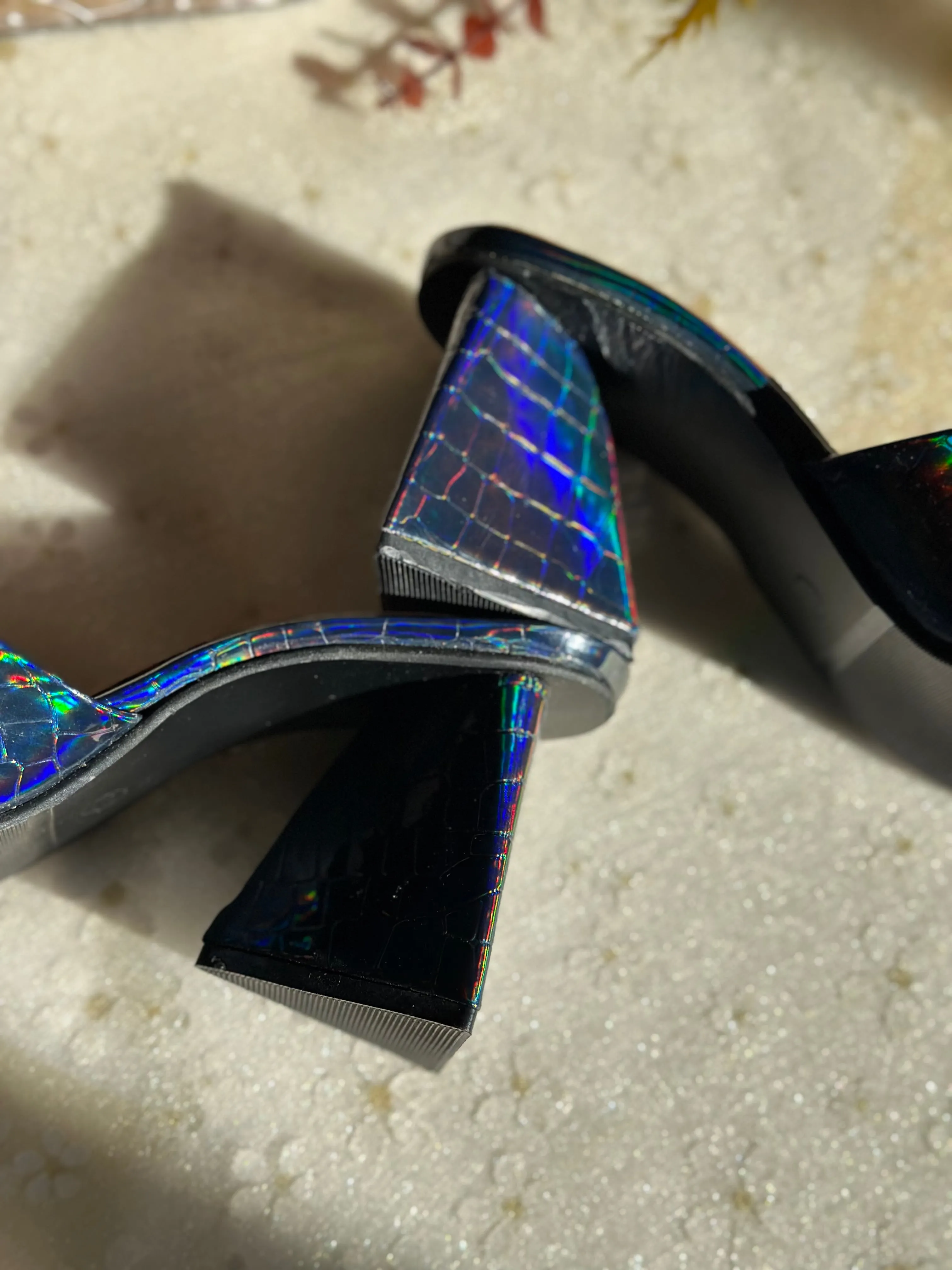 Holographic Blue Triangle Mule Heels