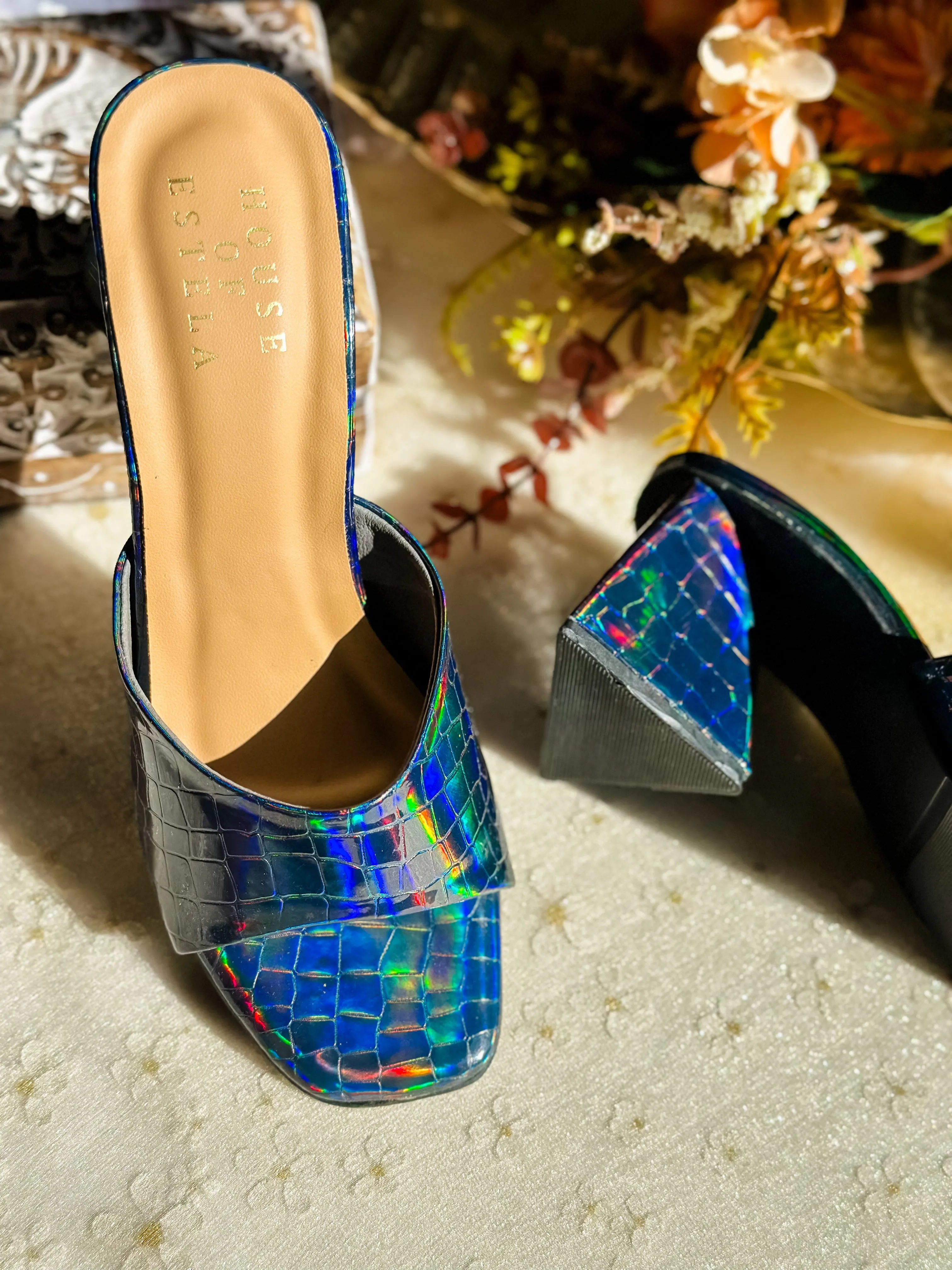 Holographic Blue Triangle Mule Heels