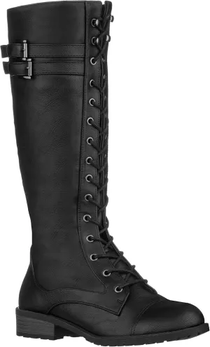 ILLUDE Women's Knee High Riding Boot Lace Up Buckle Military Combat Boots