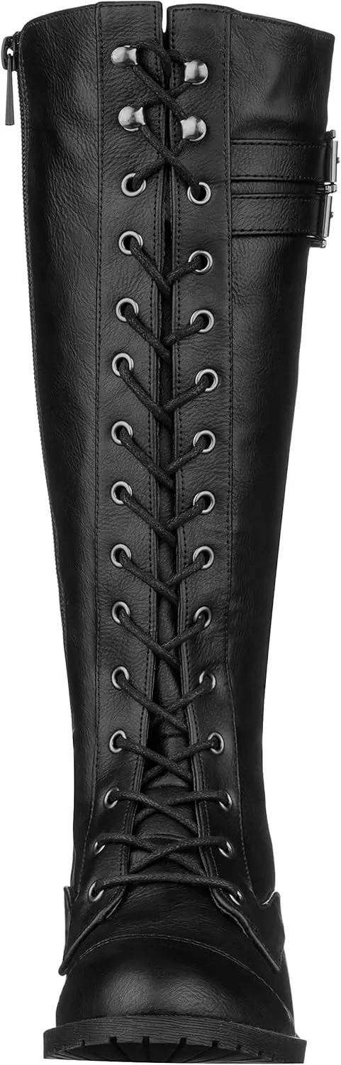 ILLUDE Women's Knee High Riding Boot Lace Up Buckle Military Combat Boots