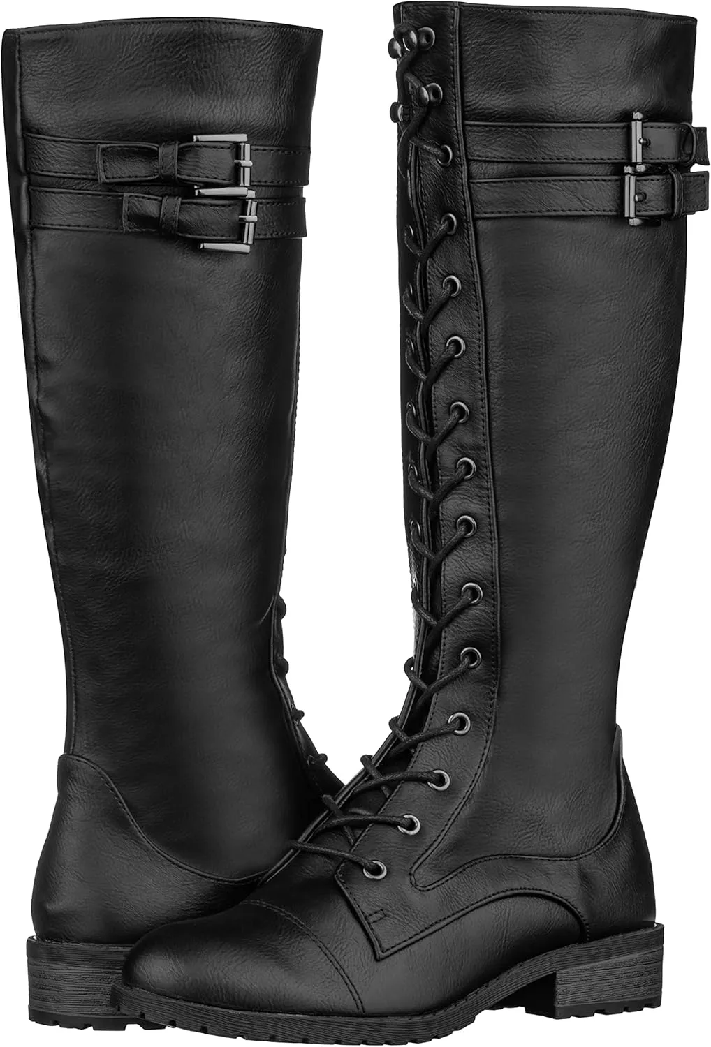 ILLUDE Women's Knee High Riding Boot Lace Up Buckle Military Combat Boots