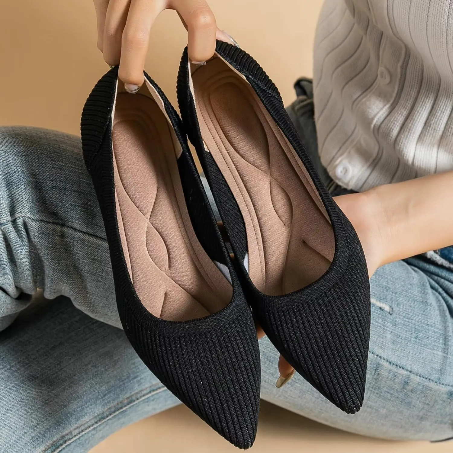 INEELUYI Women's Kitten Heel Pumps Vintage Low Heel Knit Pumps Pointed Toe Wedding Dress Pumps Shoes