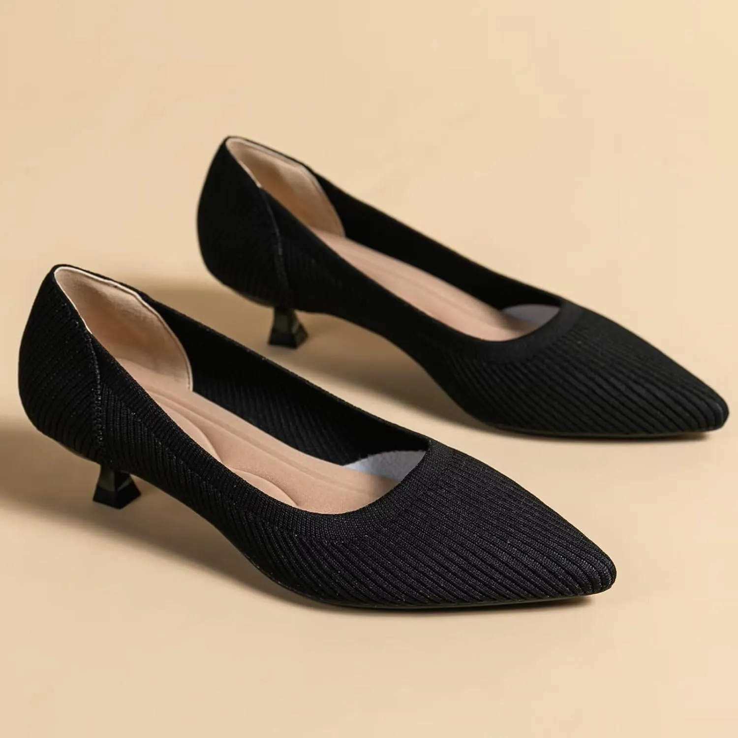 INEELUYI Women's Kitten Heel Pumps Vintage Low Heel Knit Pumps Pointed Toe Wedding Dress Pumps Shoes