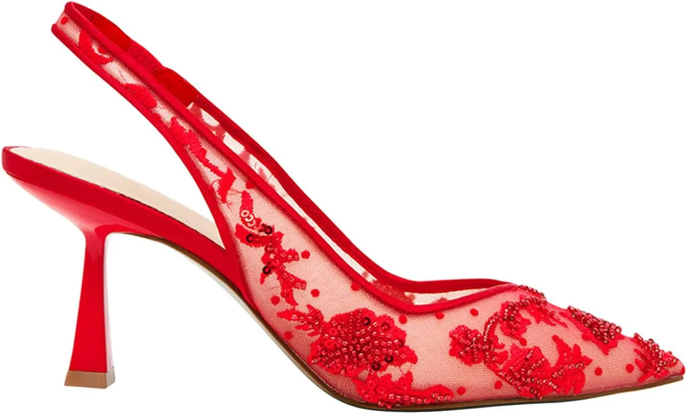 JORISTIMO Womens Slingback Kitten Heels Mesh with Beads and Sequins Embroidered Closed Pointed Toe Slip On Pumps