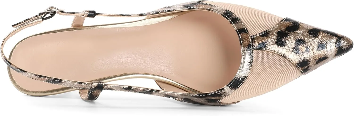 Joseywade Leopard Slingback Heels Women's Pointed Toe Kitten Heels Mesh Dress Shoes