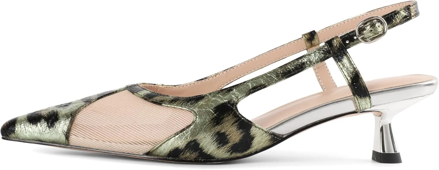 Joseywade Leopard Slingback Heels Women's Pointed Toe Kitten Heels Mesh Dress Shoes