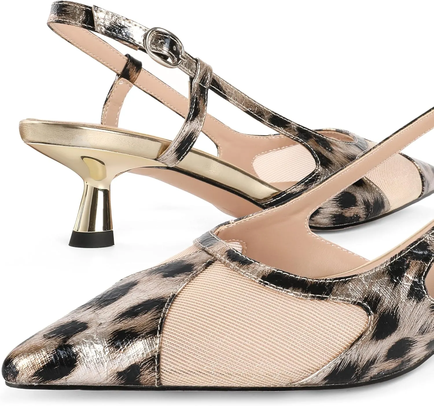 Joseywade Leopard Slingback Heels Women's Pointed Toe Kitten Heels Mesh Dress Shoes