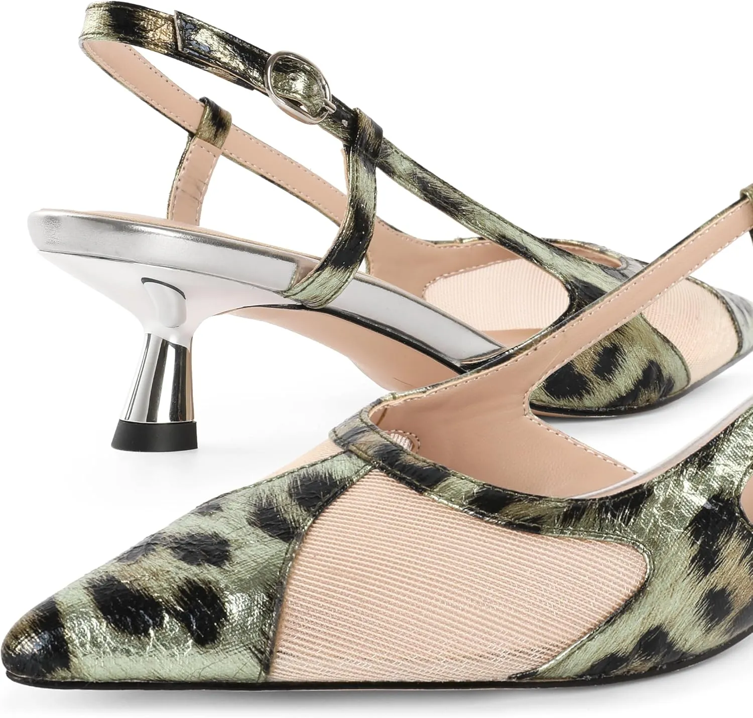 Joseywade Leopard Slingback Heels Women's Pointed Toe Kitten Heels Mesh Dress Shoes