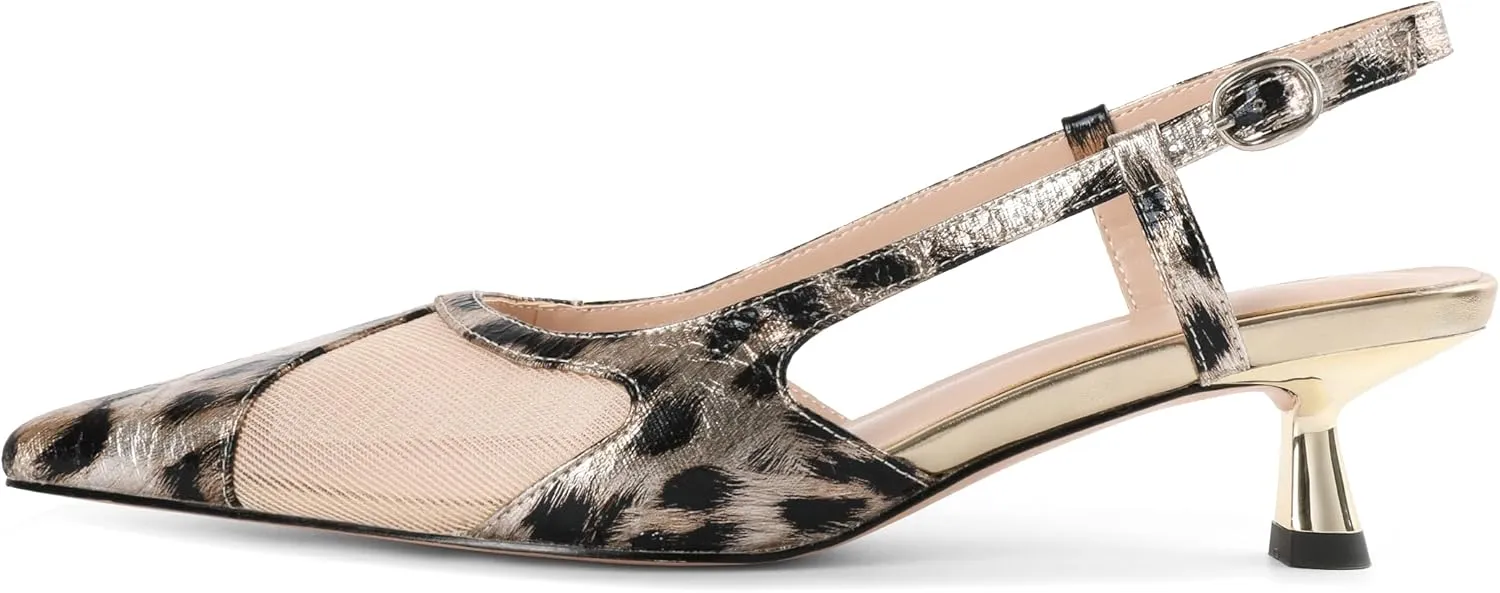 Joseywade Leopard Slingback Heels Women's Pointed Toe Kitten Heels Mesh Dress Shoes