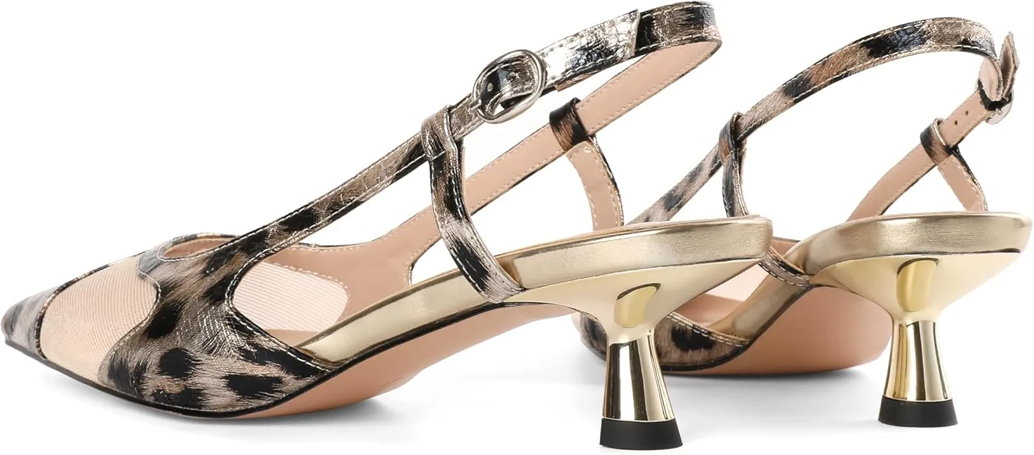 Joseywade Leopard Slingback Heels Women's Pointed Toe Kitten Heels Mesh Dress Shoes