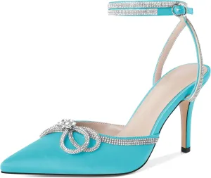 Joseywade Rhinestone Bow Heels High Stiletto Heels Pumps Closed Pointed Toe Women Lace-up Strappy Ankle Strap Shoes for Bridal Brides