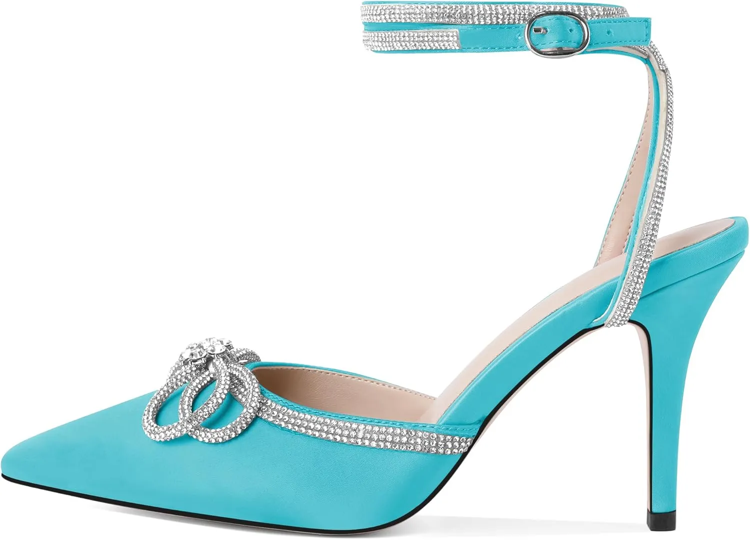 Joseywade Rhinestone Bow Heels High Stiletto Heels Pumps Closed Pointed Toe Women Lace-up Strappy Ankle Strap Shoes for Bridal Brides