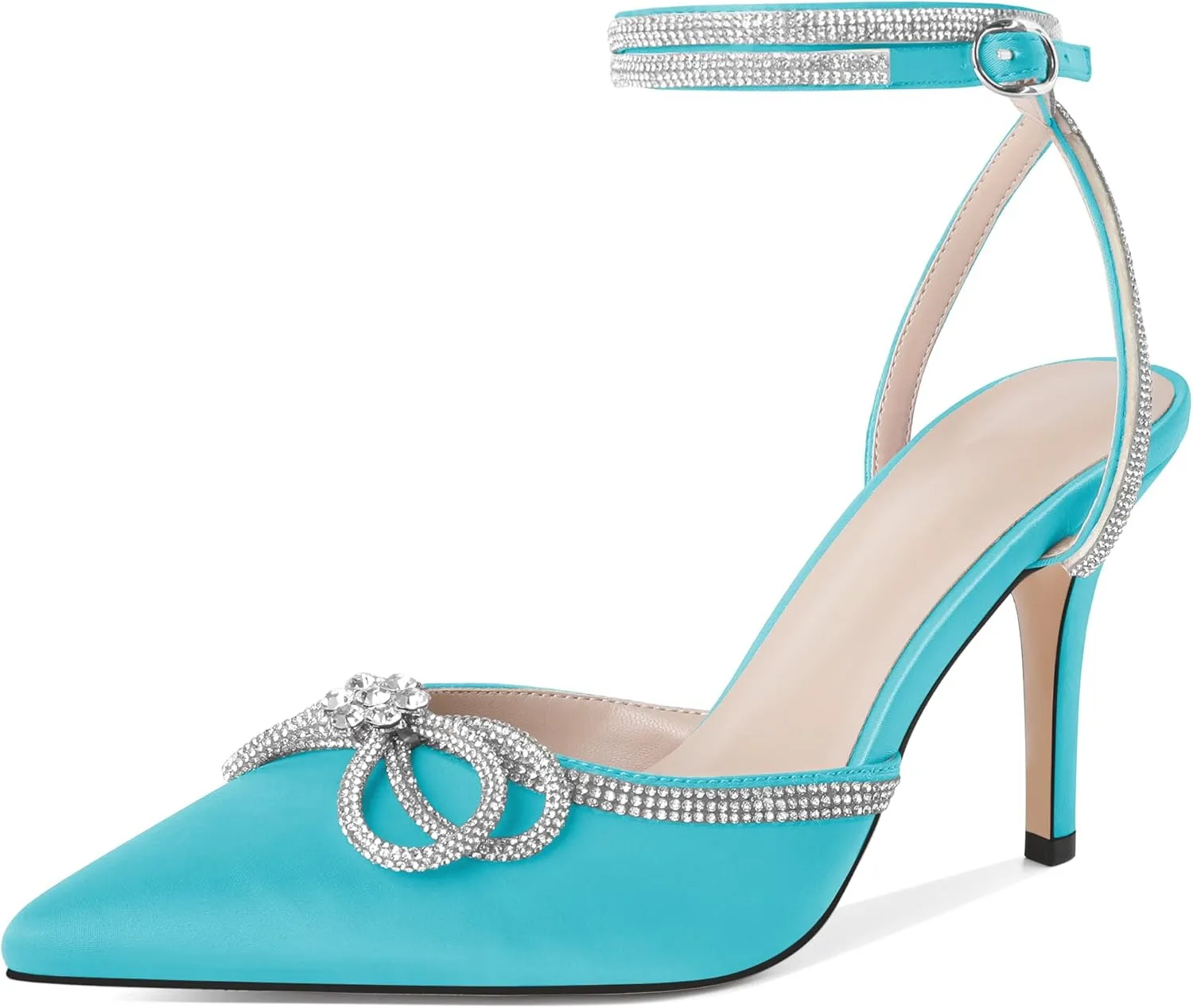 Joseywade Rhinestone Bow Heels High Stiletto Heels Pumps Closed Pointed Toe Women Lace-up Strappy Ankle Strap Shoes for Bridal Brides