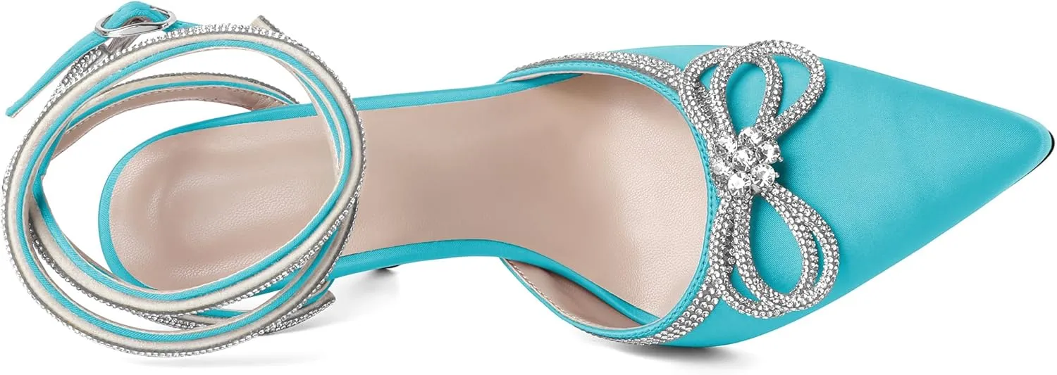 Joseywade Rhinestone Bow Heels High Stiletto Heels Pumps Closed Pointed Toe Women Lace-up Strappy Ankle Strap Shoes for Bridal Brides