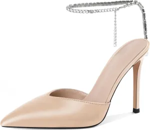 Joseywade Women's High Heels Pointed Toe Stiletto Heel Pumps Rhinestone Ankle Strap 4 Inch Slim Thin Heel Dress Shoes