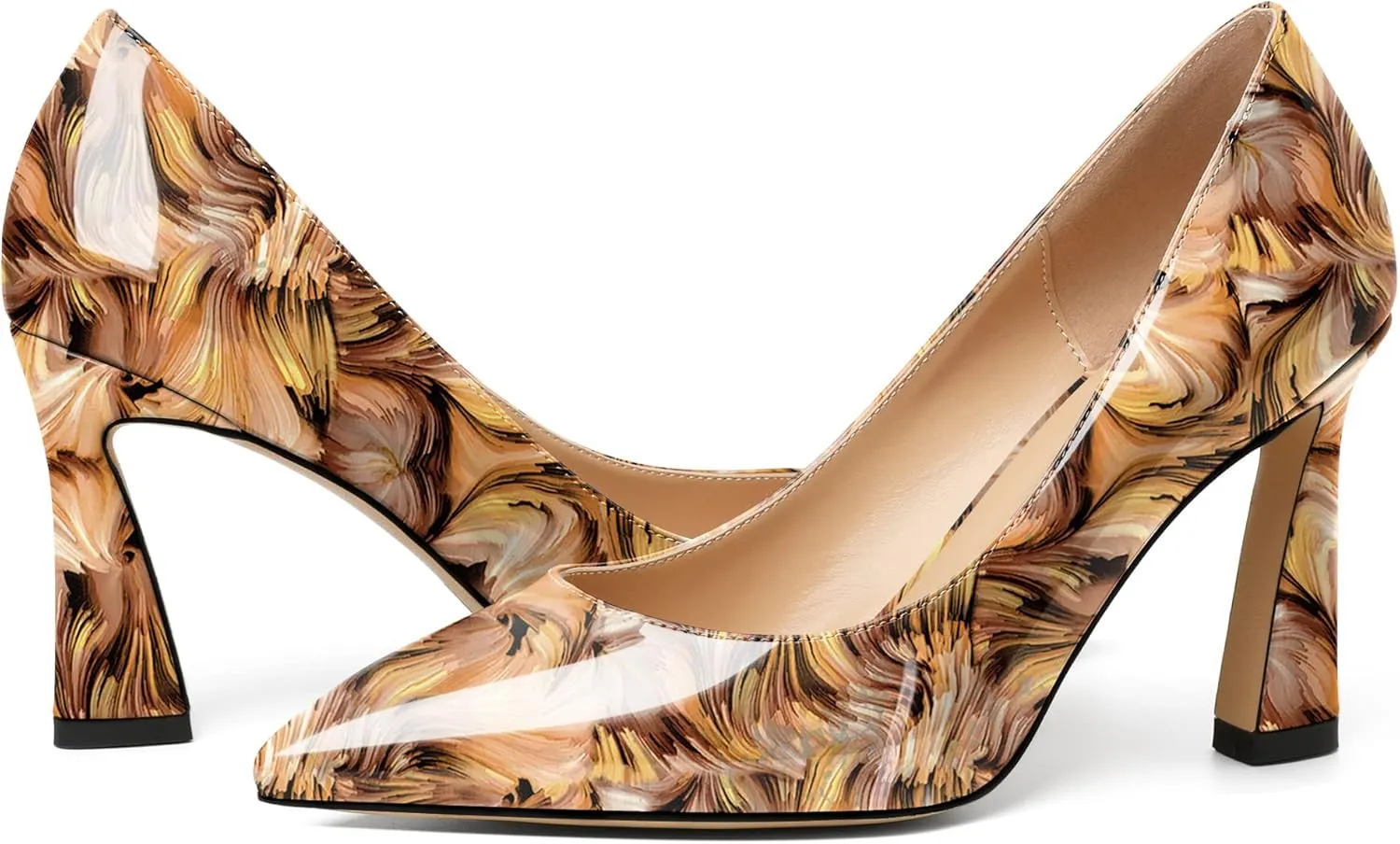Joseywade Womens High Heels Pointed Toe Stilettos Heel Pumps Slip-on Closed Toe 3.5 Inch Flare Heels Leather Dress Shoes