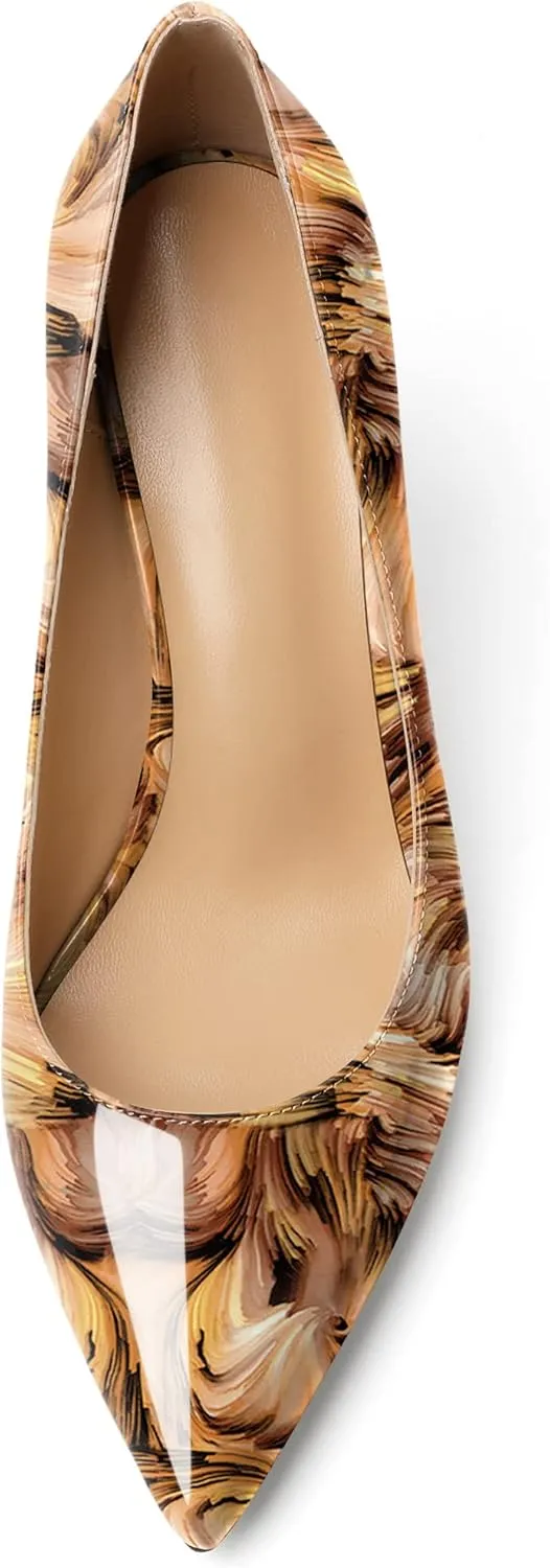 Joseywade Womens High Heels Pointed Toe Stilettos Heel Pumps Slip-on Closed Toe 3.5 Inch Flare Heels Leather Dress Shoes