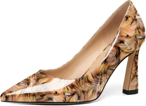 Joseywade Womens High Heels Pointed Toe Stilettos Heel Pumps Slip-on Closed Toe 3.5 Inch Flare Heels Leather Dress Shoes