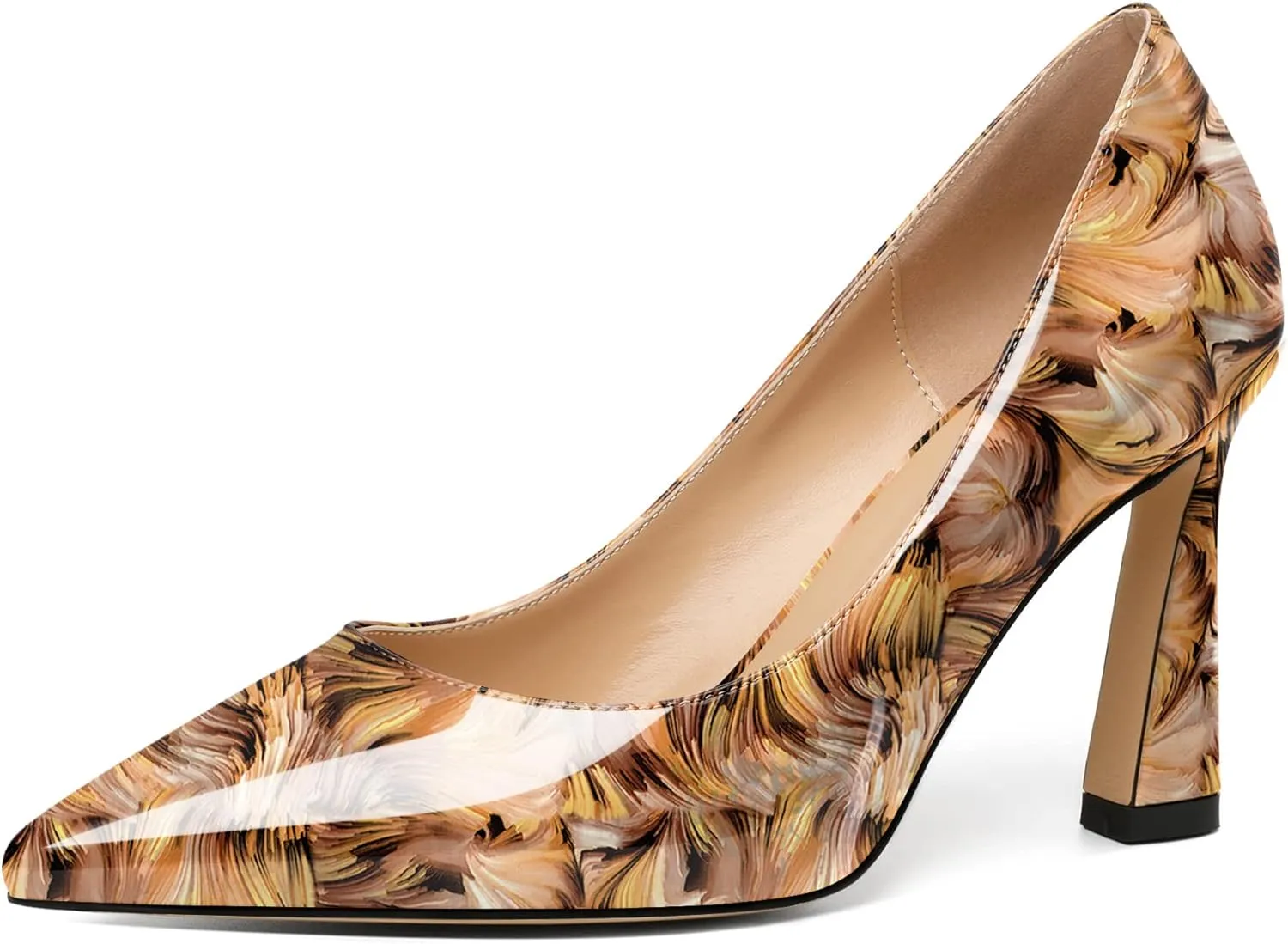 Joseywade Womens High Heels Pointed Toe Stilettos Heel Pumps Slip-on Closed Toe 3.5 Inch Flare Heels Leather Dress Shoes