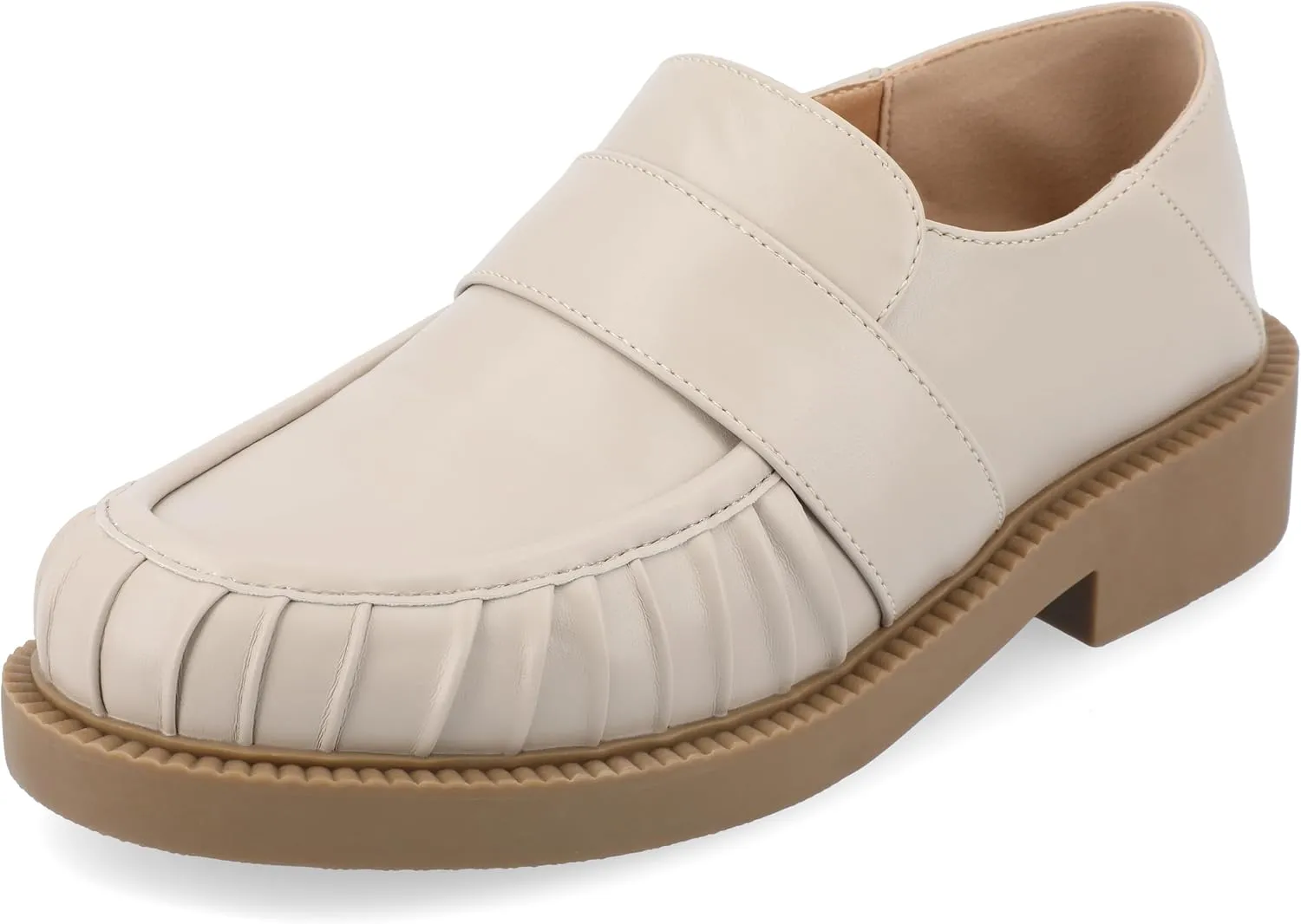 Journee Womens Ruched Lakenn Comfort Foam Slip On Closed Round Toe Crash Back Block Heel Loafer Flats Stone, 9.5