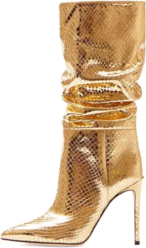 keleimusi Slouchy Knee High Stiletto Boots with Metallic Suede Mid Calf Heeled Shoes
