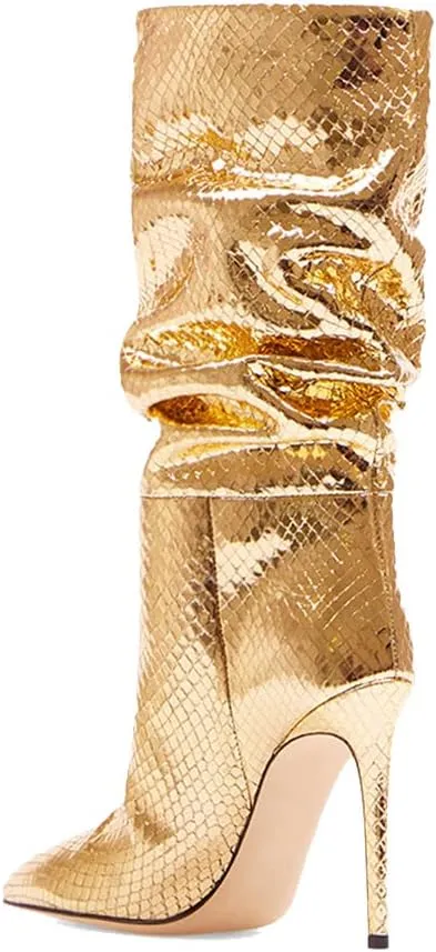keleimusi Slouchy Knee High Stiletto Boots with Metallic Suede Mid Calf Heeled Shoes