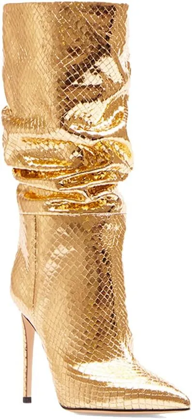 keleimusi Slouchy Knee High Stiletto Boots with Metallic Suede Mid Calf Heeled Shoes