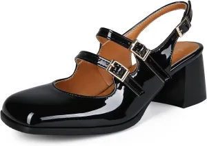 KISSASA Punk Goth Chunky Mary Janes Patent Leather Slingback Square Toe Pumps Metallic Heels