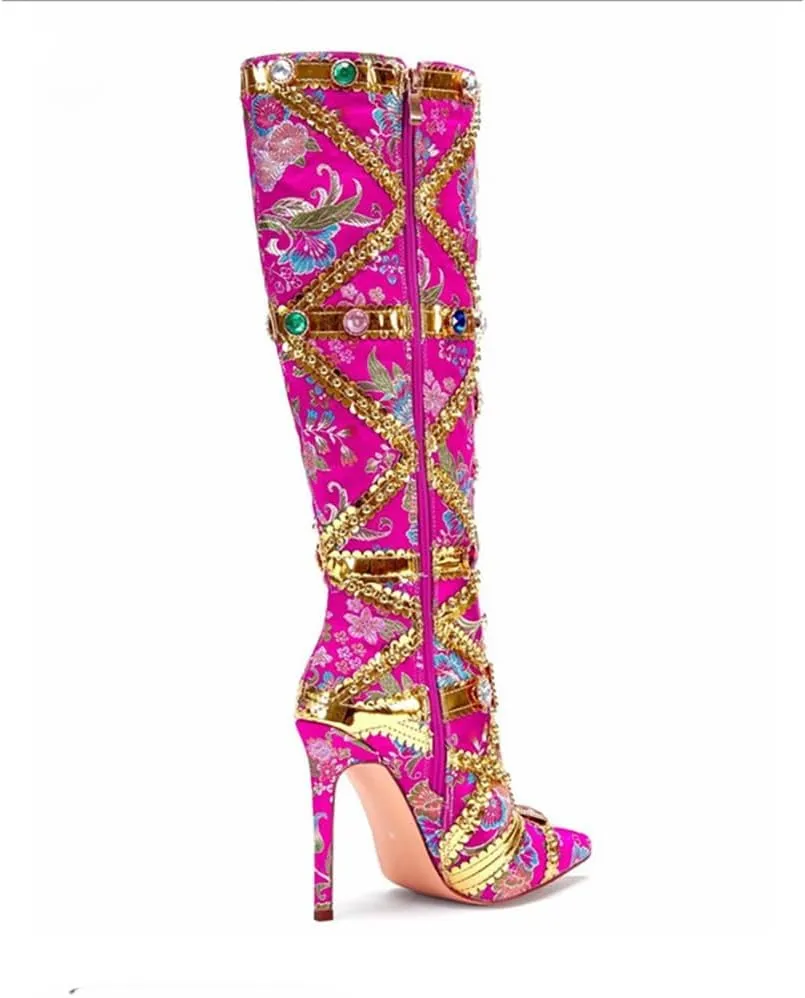 Kluolandi Women's Jewelled Floral-print Knee High Boots Sexy Pointed Toe Stiletto High Heels Boots for Women with Side Zipper