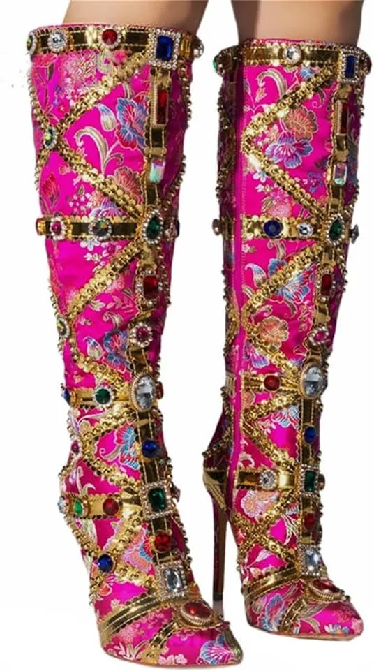 Kluolandi Women's Jewelled Floral-print Knee High Boots Sexy Pointed Toe Stiletto High Heels Boots for Women with Side Zipper