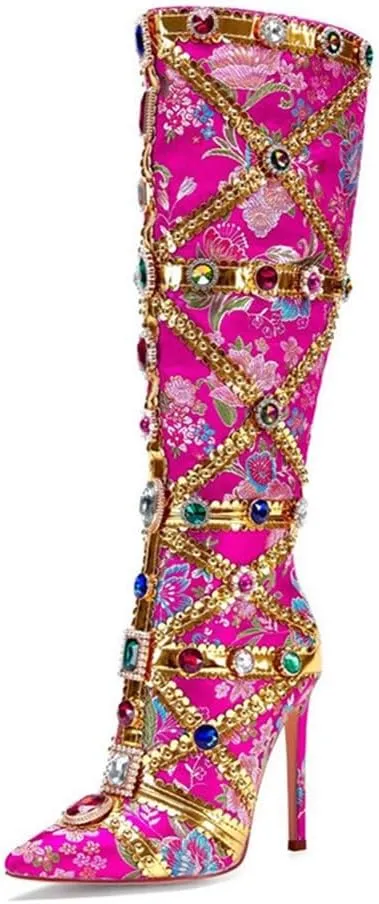 Kluolandi Women's Jewelled Floral-print Knee High Boots Sexy Pointed Toe Stiletto High Heels Boots for Women with Side Zipper