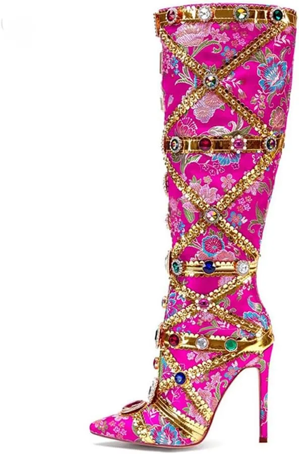 Kluolandi Women's Jewelled Floral-print Knee High Boots Sexy Pointed Toe Stiletto High Heels Boots for Women with Side Zipper