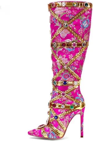Kluolandi Women's Jewelled Floral-print Knee High Boots Sexy Pointed Toe Stiletto High Heels Boots for Women with Side Zipper