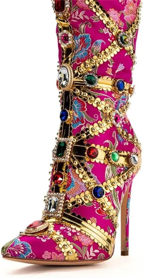 Kluolandi Women's Jewelled Floral-print Knee High Boots Sexy Pointed Toe Stiletto High Heels Boots for Women with Side Zipper