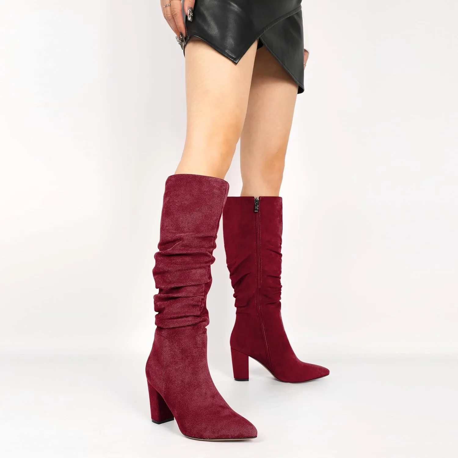 Knee High Boots for Women Chunky Heel Boots Classic Pointed Toe Boots Slouchy Booties for Work Office Comfortable Retro High Heel Boots