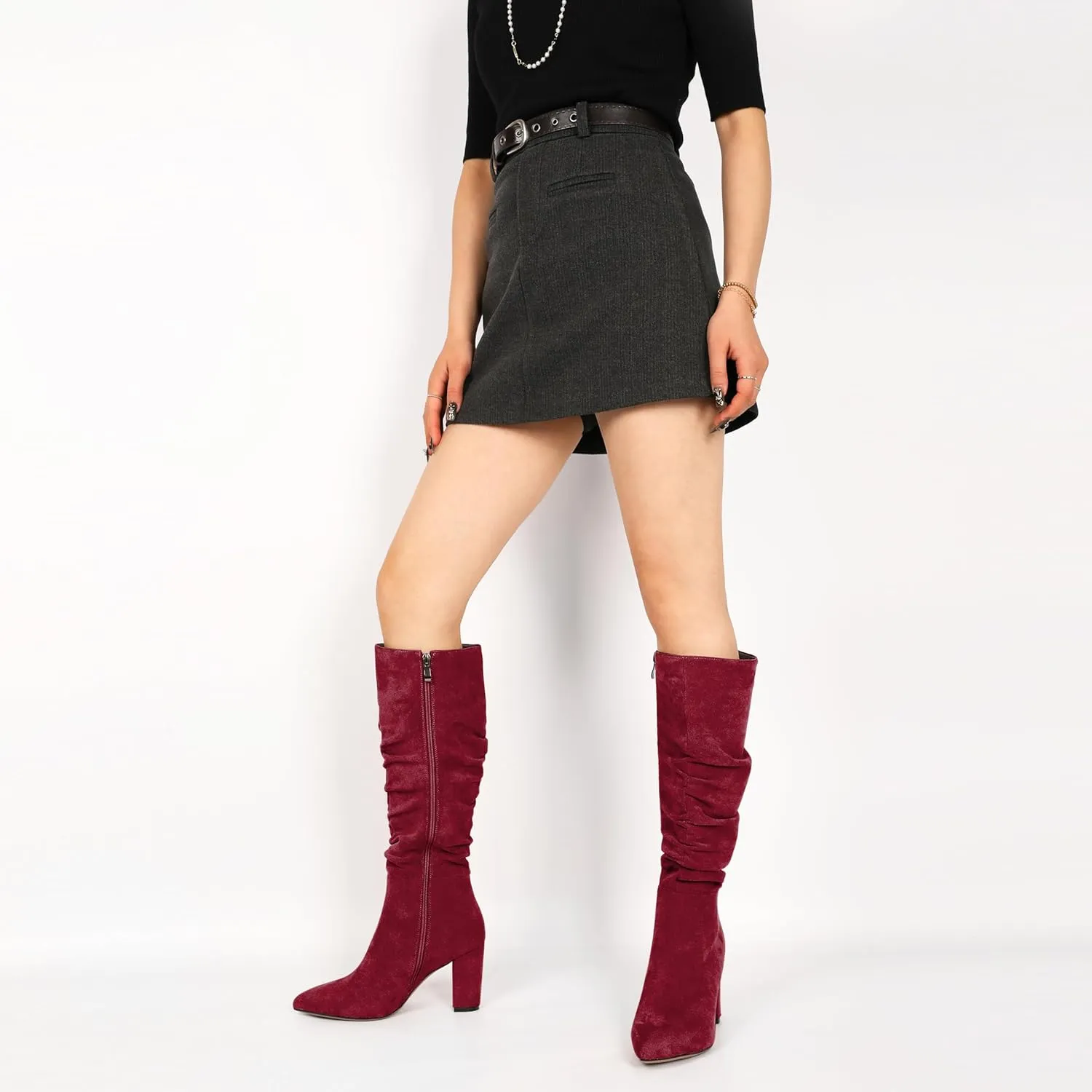 Knee High Boots for Women Chunky Heel Boots Classic Pointed Toe Boots Slouchy Booties for Work Office Comfortable Retro High Heel Boots