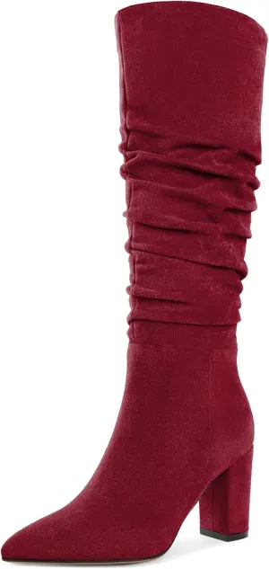 Knee High Boots for Women Chunky Heel Boots Classic Pointed Toe Boots Slouchy Booties for Work Office Comfortable Retro High Heel Boots