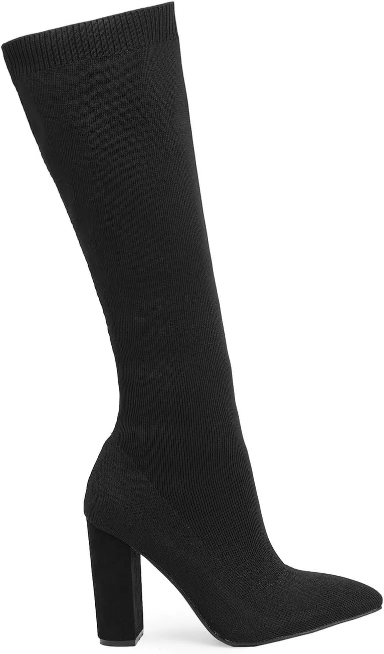 Knit Sock Boots for Women Knee High Pointed Toe Chunky Heel Over The Knee Boots Stretch Pull On Boots
