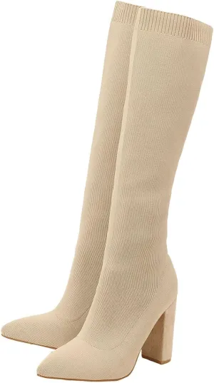 Knit Sock Boots for Women Knee High Pointed Toe Chunky Heel Over The Knee Boots Stretch Pull On Boots