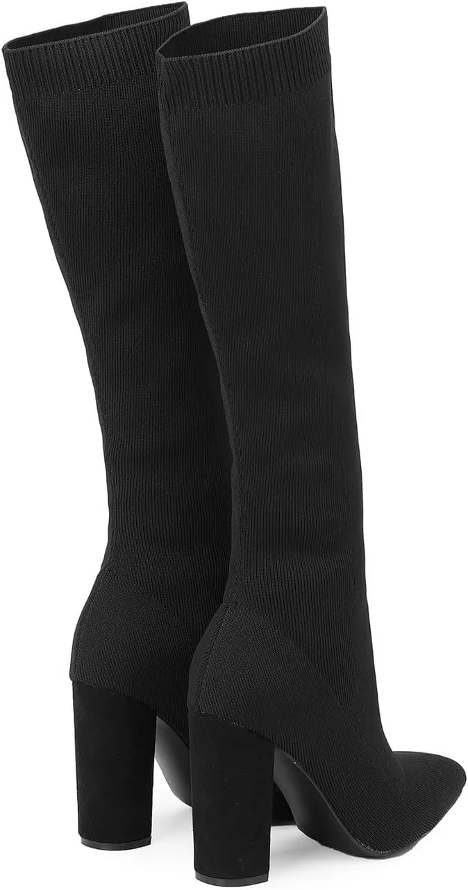 Knit Sock Boots for Women Knee High Pointed Toe Chunky Heel Over The Knee Boots Stretch Pull On Boots