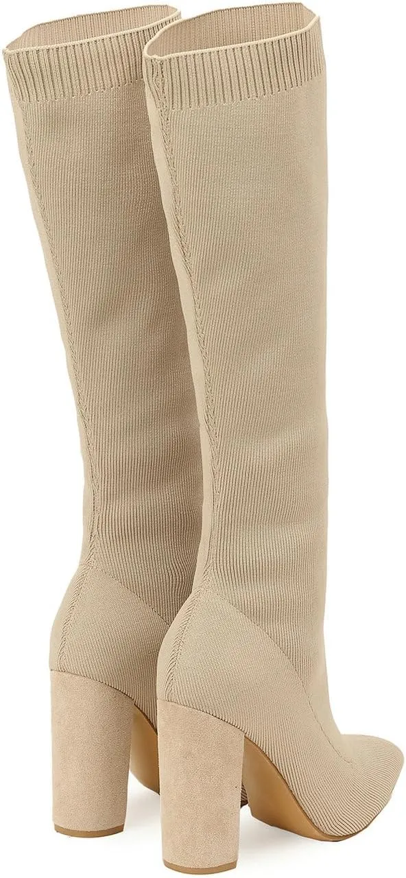 Knit Sock Boots for Women Knee High Pointed Toe Chunky Heel Over The Knee Boots Stretch Pull On Boots