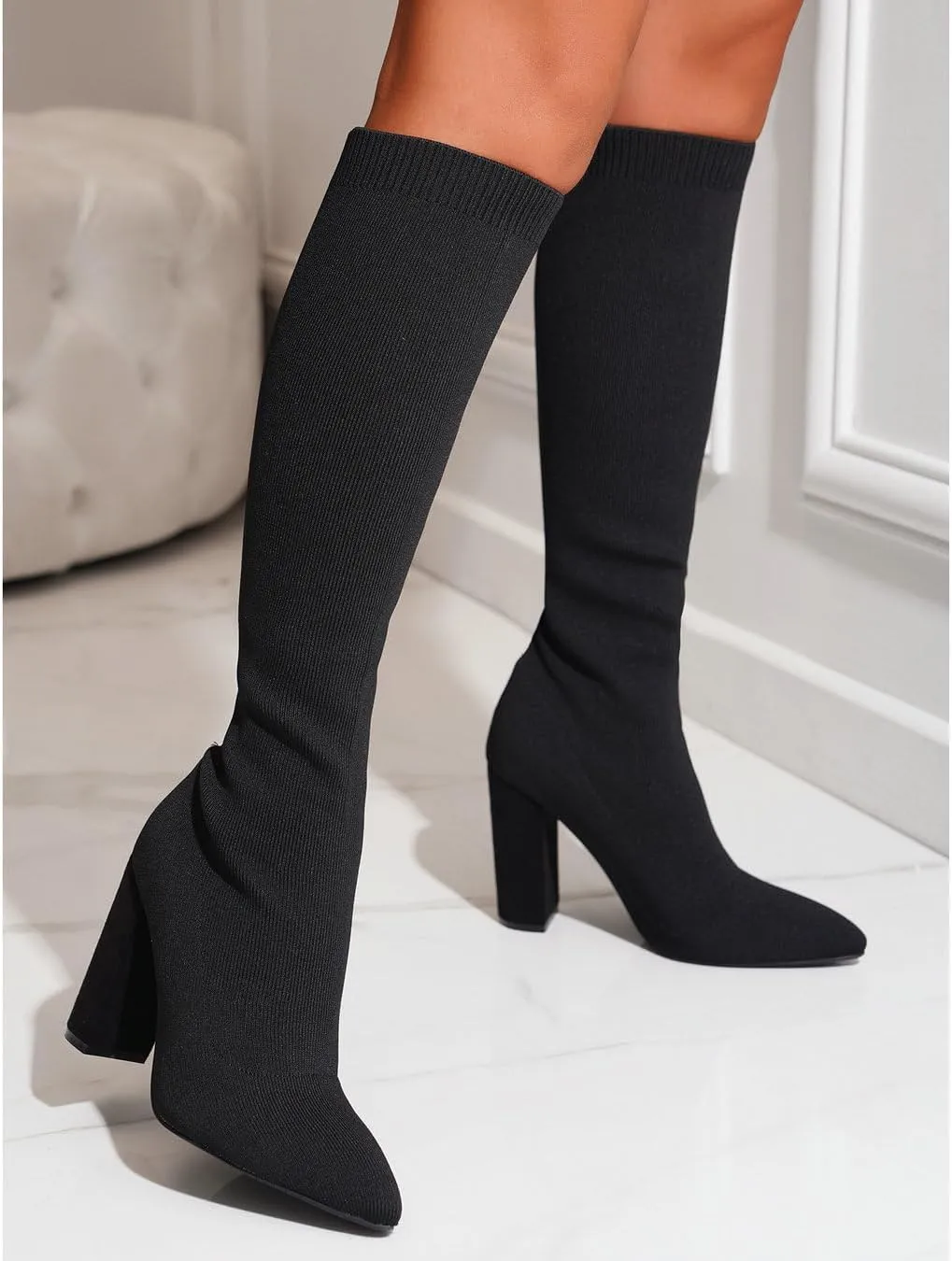 Knit Sock Boots for Women Knee High Pointed Toe Chunky Heel Over The Knee Boots Stretch Pull On Boots