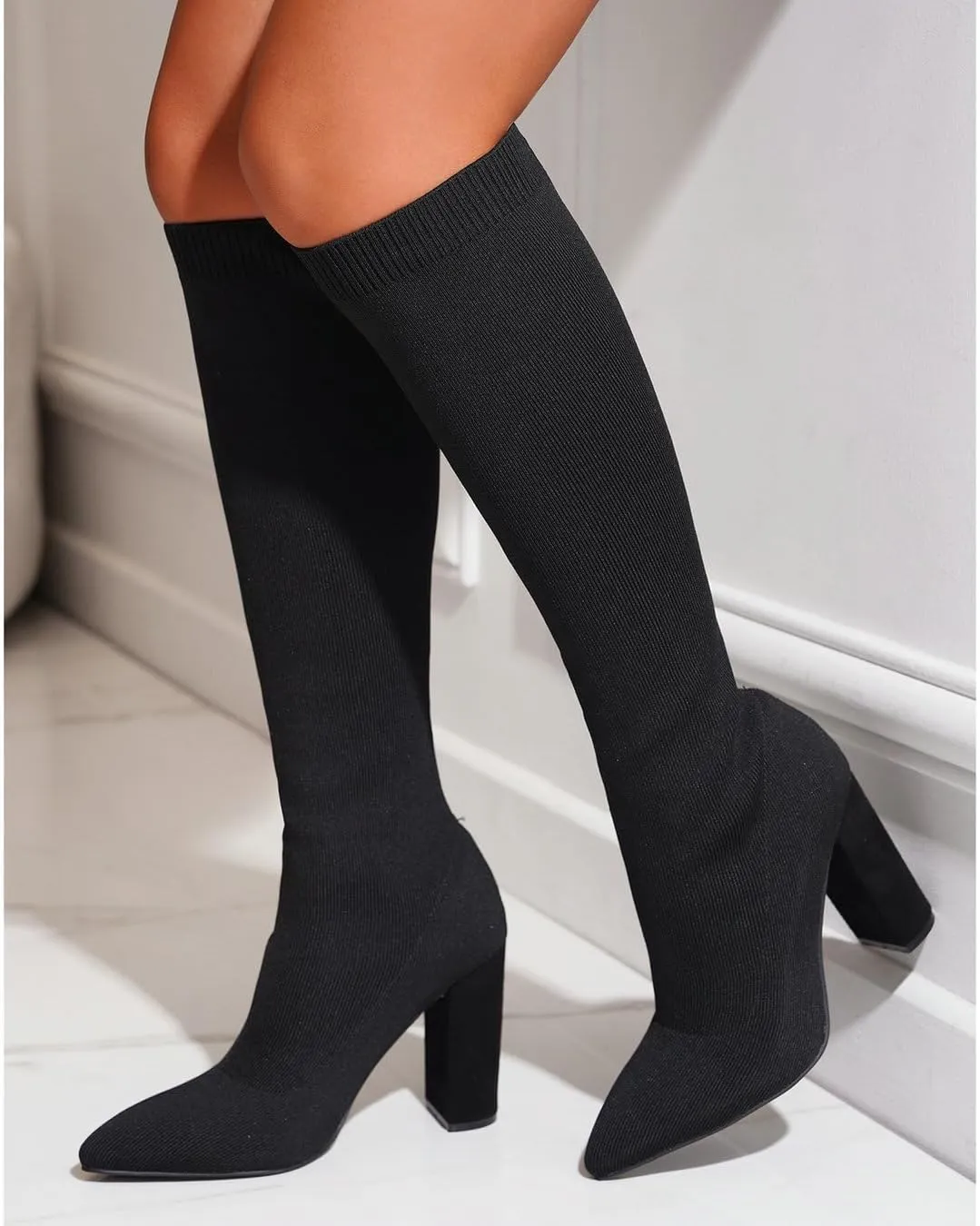 Knit Sock Boots for Women Knee High Pointed Toe Chunky Heel Over The Knee Boots Stretch Pull On Boots