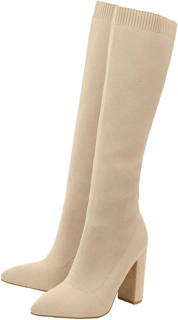 Knit Sock Boots for Women Knee High Pointed Toe Chunky Heel Over The Knee Boots Stretch Pull On Boots