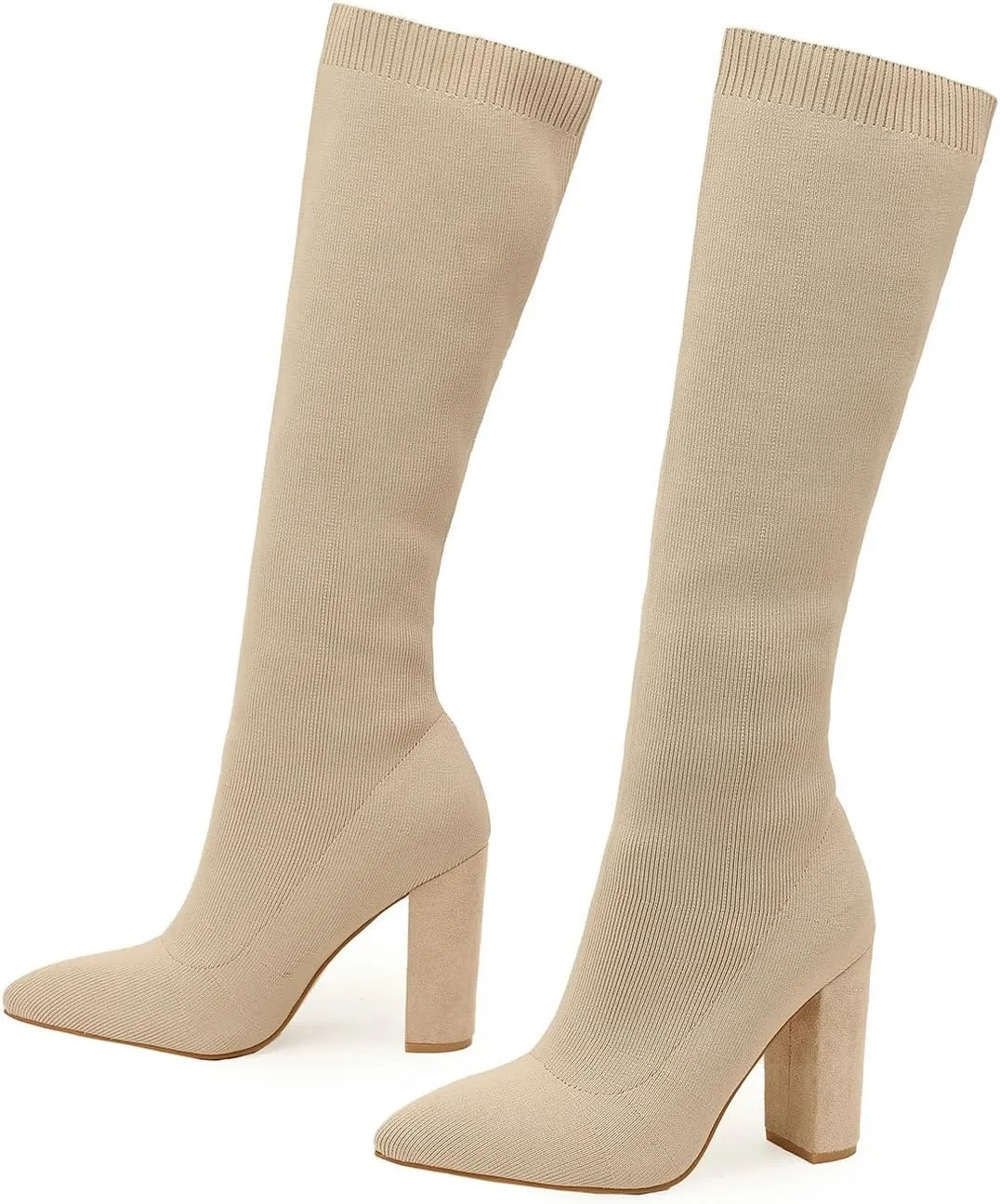 Knit Sock Boots for Women Knee High Pointed Toe Chunky Heel Over The Knee Boots Stretch Pull On Boots